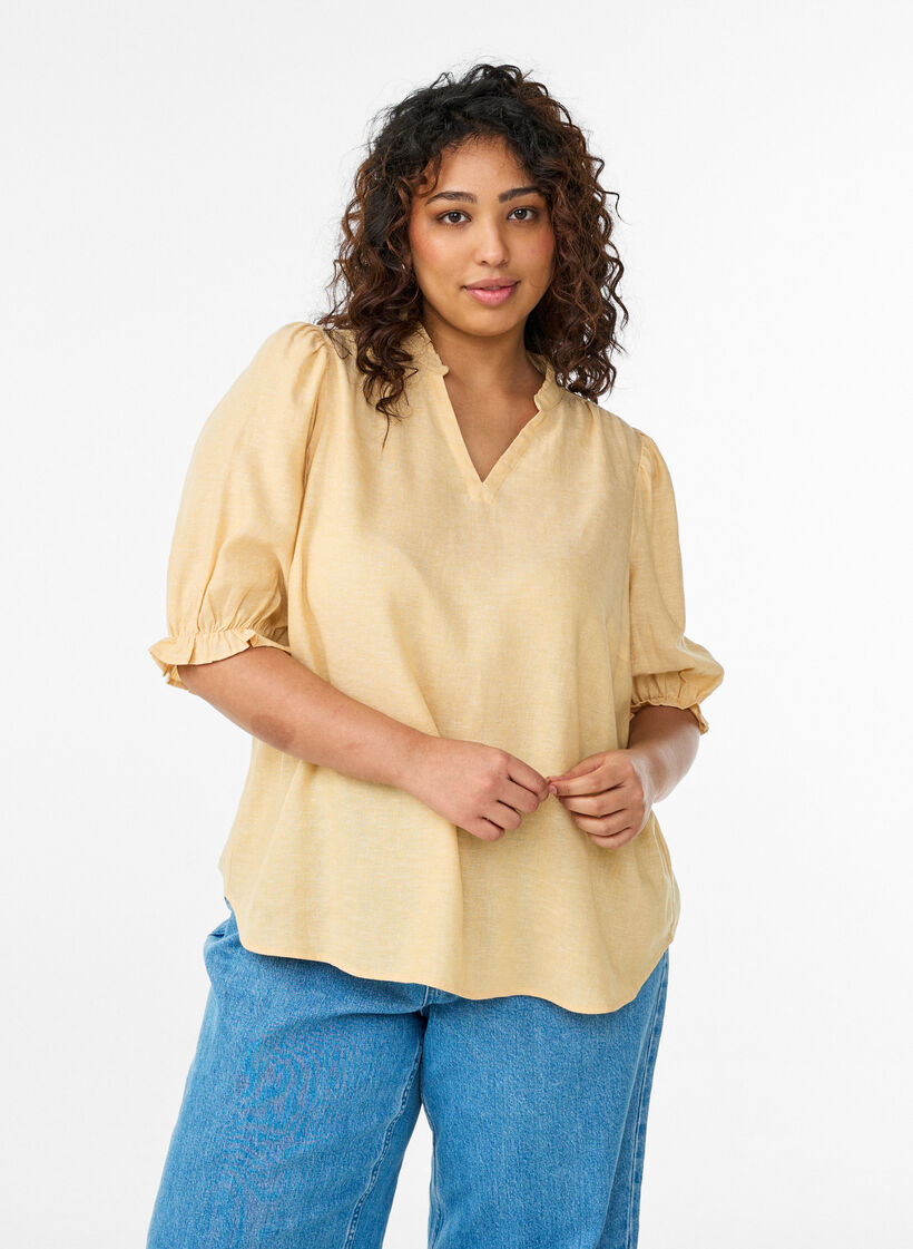 Blouse in linen and viscose with 1/2 sleeves, Yellow, Model image number 0