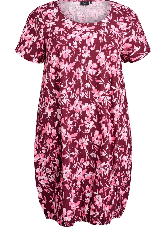 Short-sleeved, printed cotton dress, Dark Bordeaux, Packshot image number 0