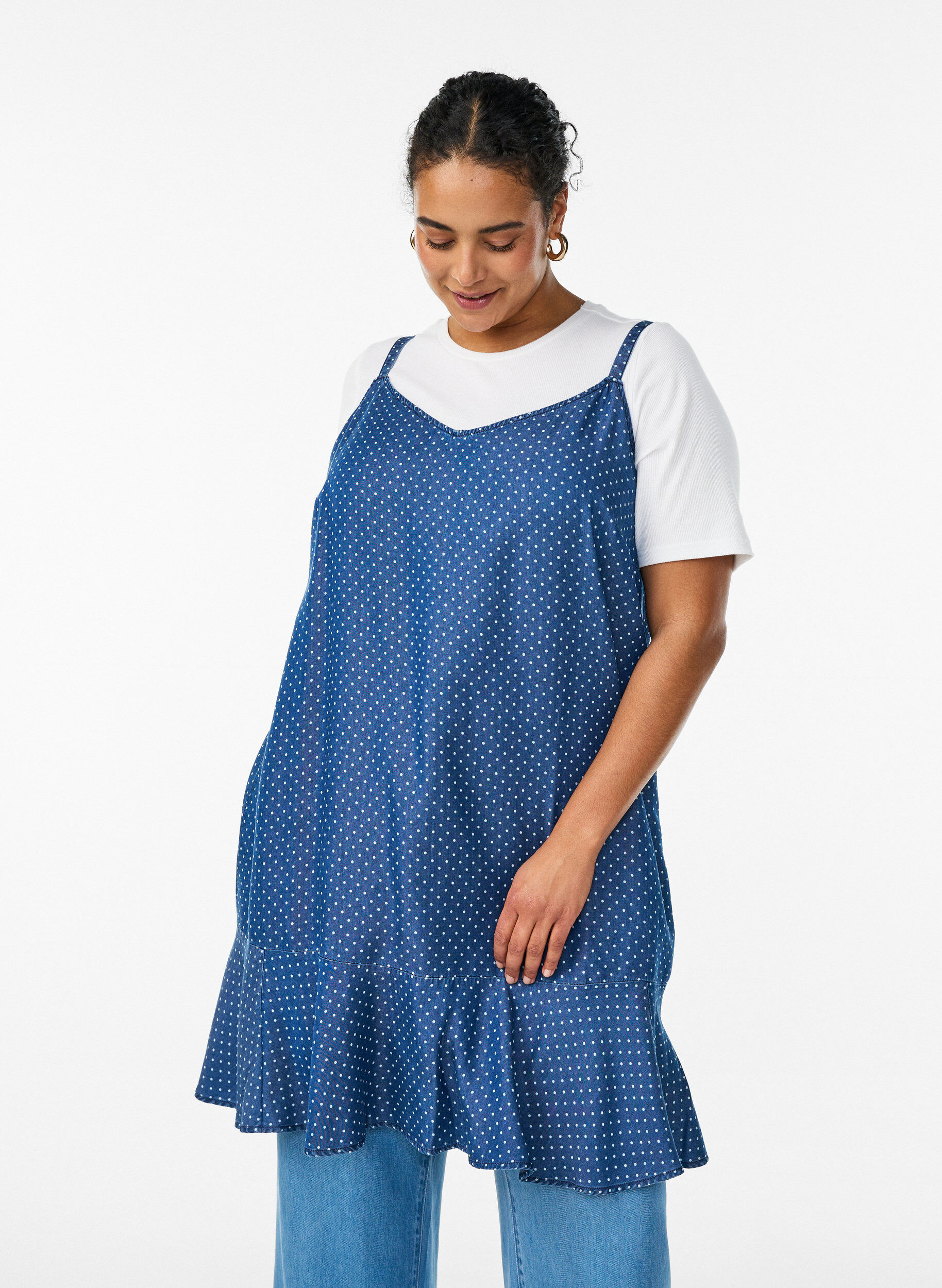Knee-length strap dress in TENCEL&trade; Lyocell with a denim look, Blue, Model