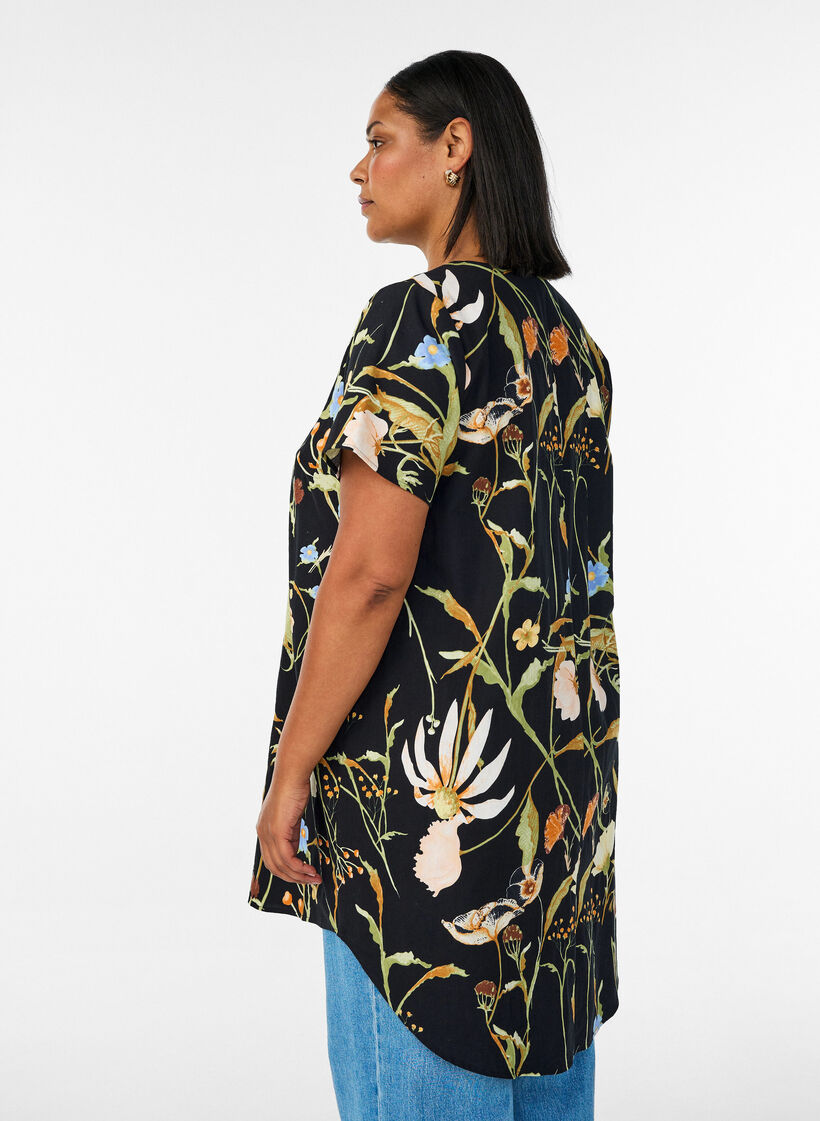 Cotton tunic with a floral print, Black, Model image number 2