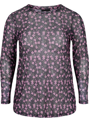 Long-sleeved top in printed mesh, Flower AOP, Packshot image number 0