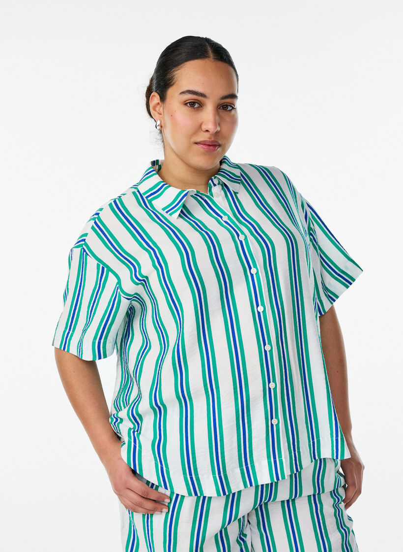 Striped viscose shirt with short sleeves, Vanilla, Model image number 0