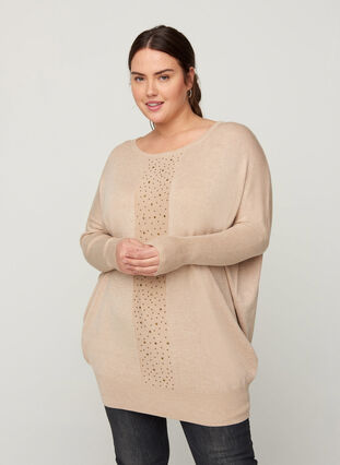 Oversize knitted blouse with studs and ribbed edges, Nomad Mel. w studs, Model image number 0