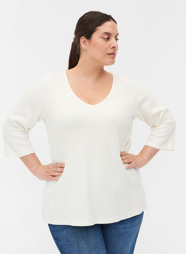Cotton blouse with V-neck and 3/4 sleeves, Marshmallow, Model image number 0