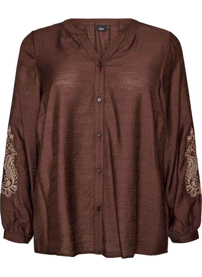 Viscose shirt with embroidered sleeves, Brown, Packshot image number 0