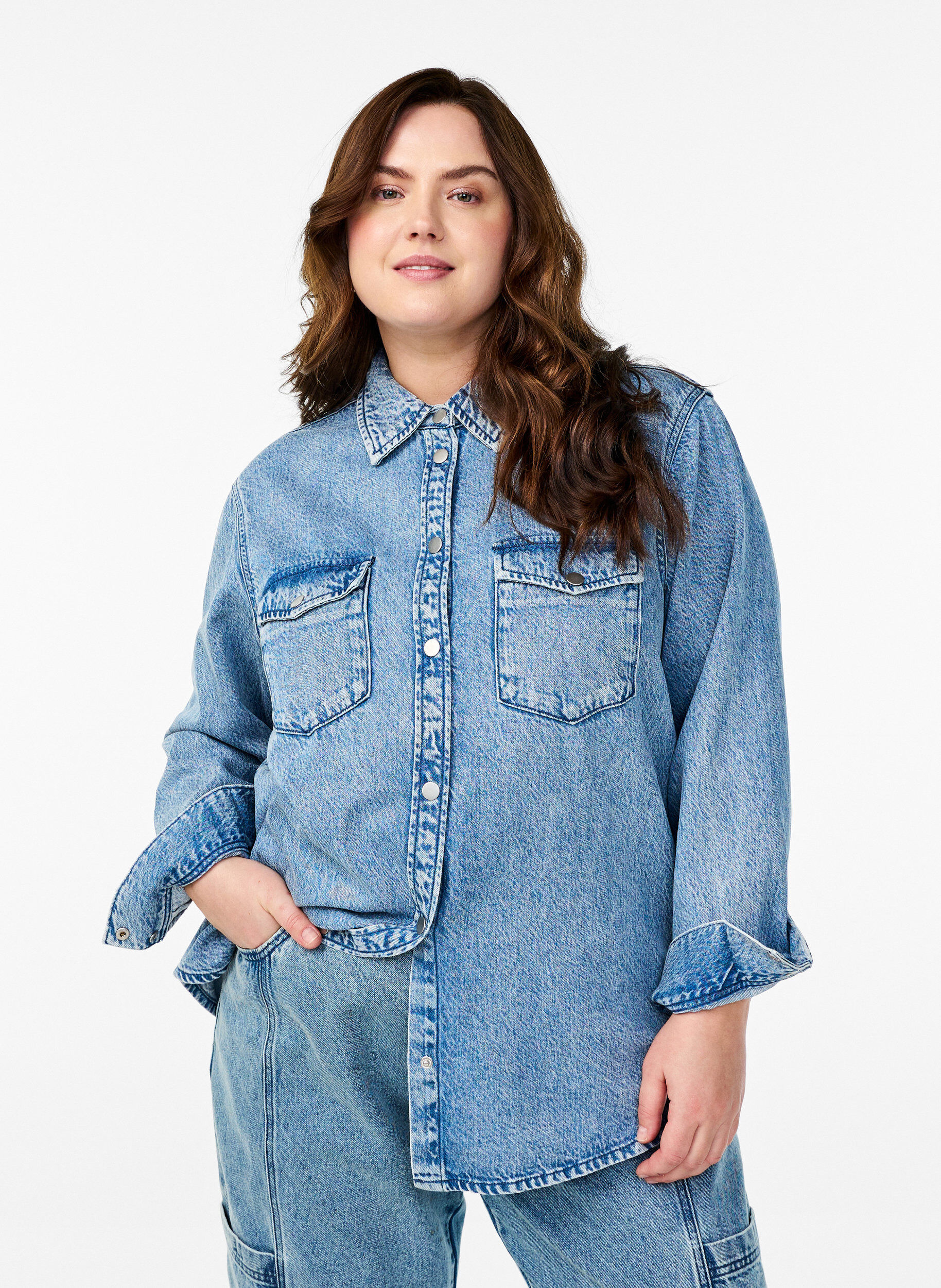 Zizzifashion Denim shirt with chest pockets, Light Blue, Model image number 0
