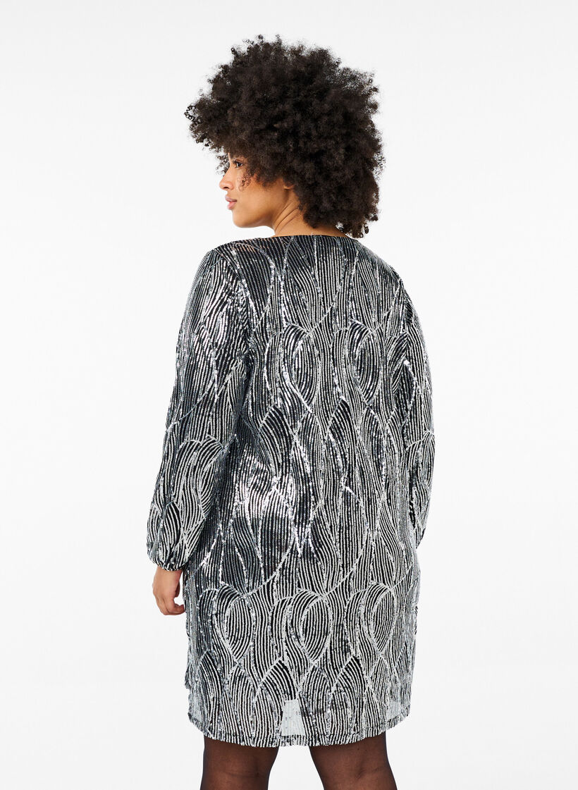 Long-sleeved sequin dress with pattern, Silver Sequins, Model image number 1