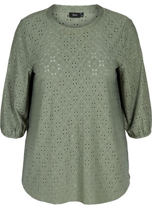 Blouse with 3/4-length sleeves and broderie anglaise, Agave Green, Packshot image number 0