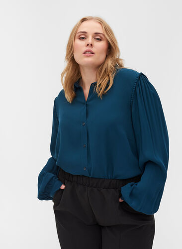 Long-sleeved viscose shirt with ruffle details, Reflecting Pond, Model image number 0