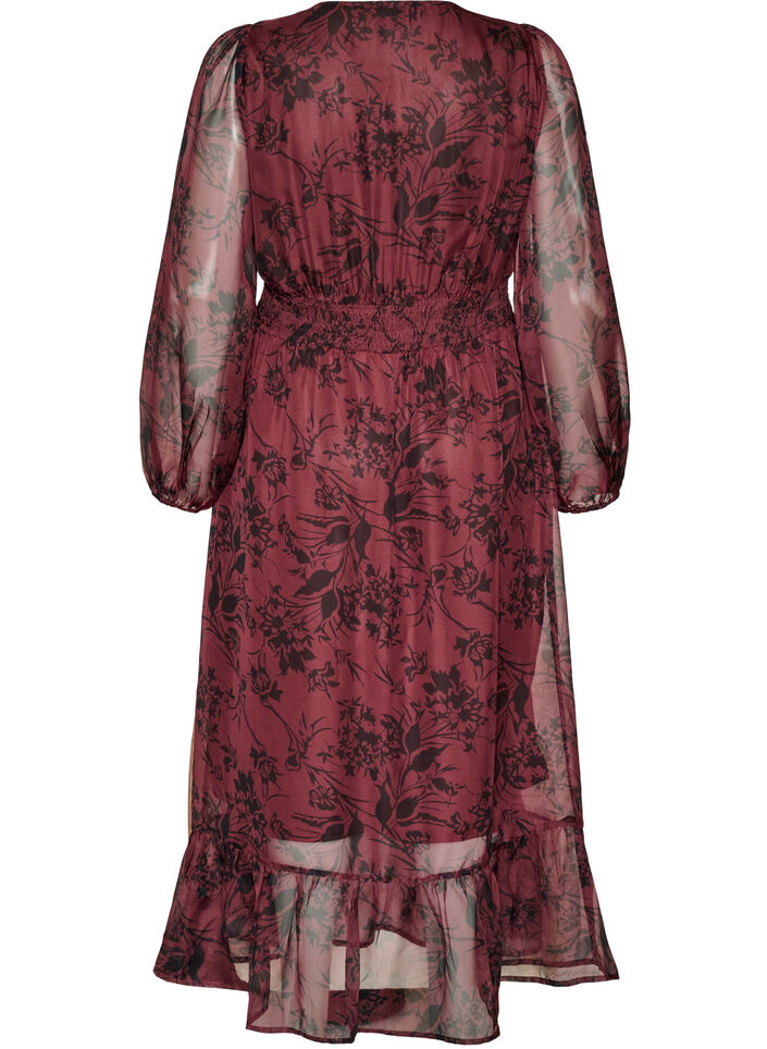 Maxi dress with floral print and smocking, Dark Bordeaux, Packshot image number 1