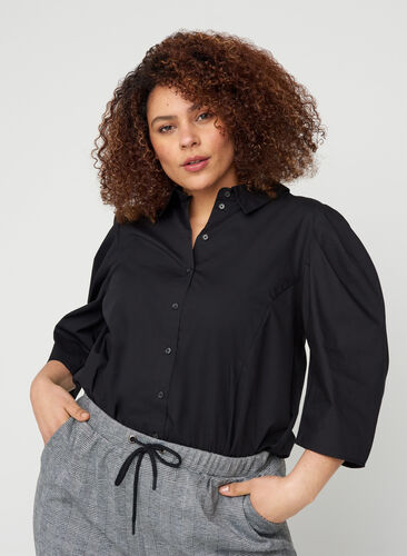 Cotton shirt with 3/4 length puff sleeves, Black, Model image number 0