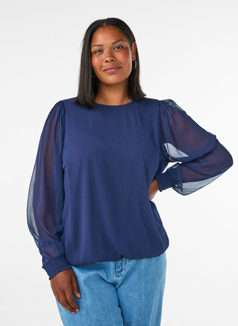 Chiffon blouse with sheer sleeves, Blue, Model image number 0