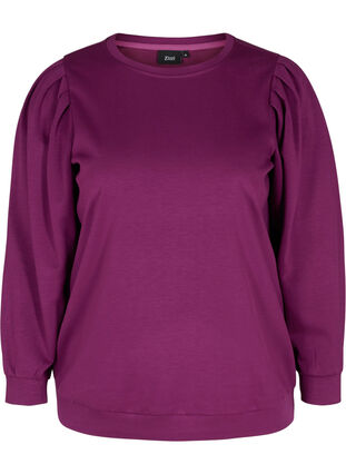 Sweat blouse with rounded neckline and balloon sleeves, Dark Purple, Packshot image number 0