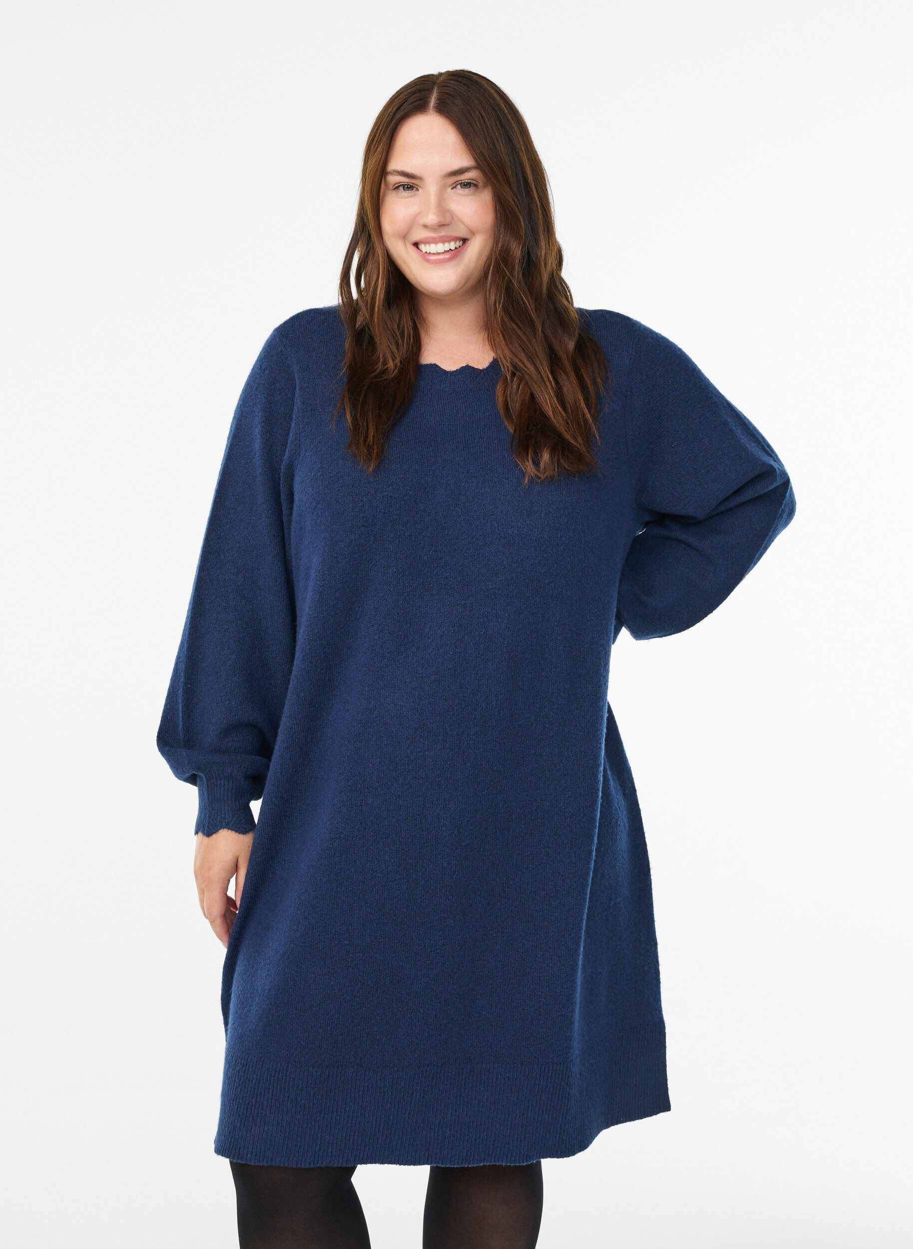 ZizzifashionShort knitted dress with wavy hem and slits, Blue, Model image number 0