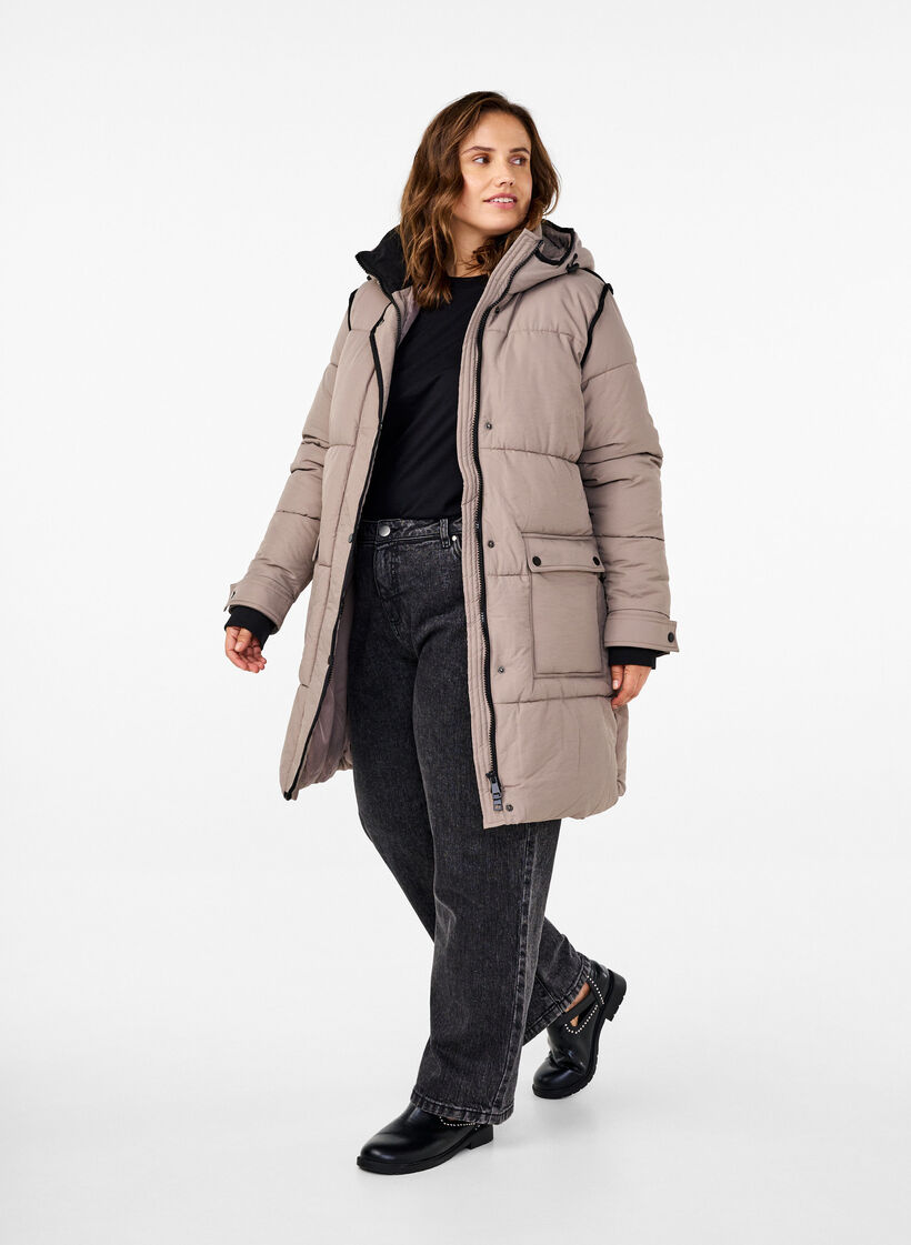 Puffer jacket with hood and contrast detailing, Beige, Model image number 1
