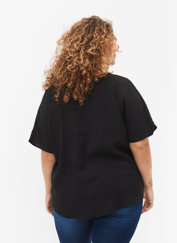 Short-sleeved viscose blouse with v-neck, Black, Model image number 1