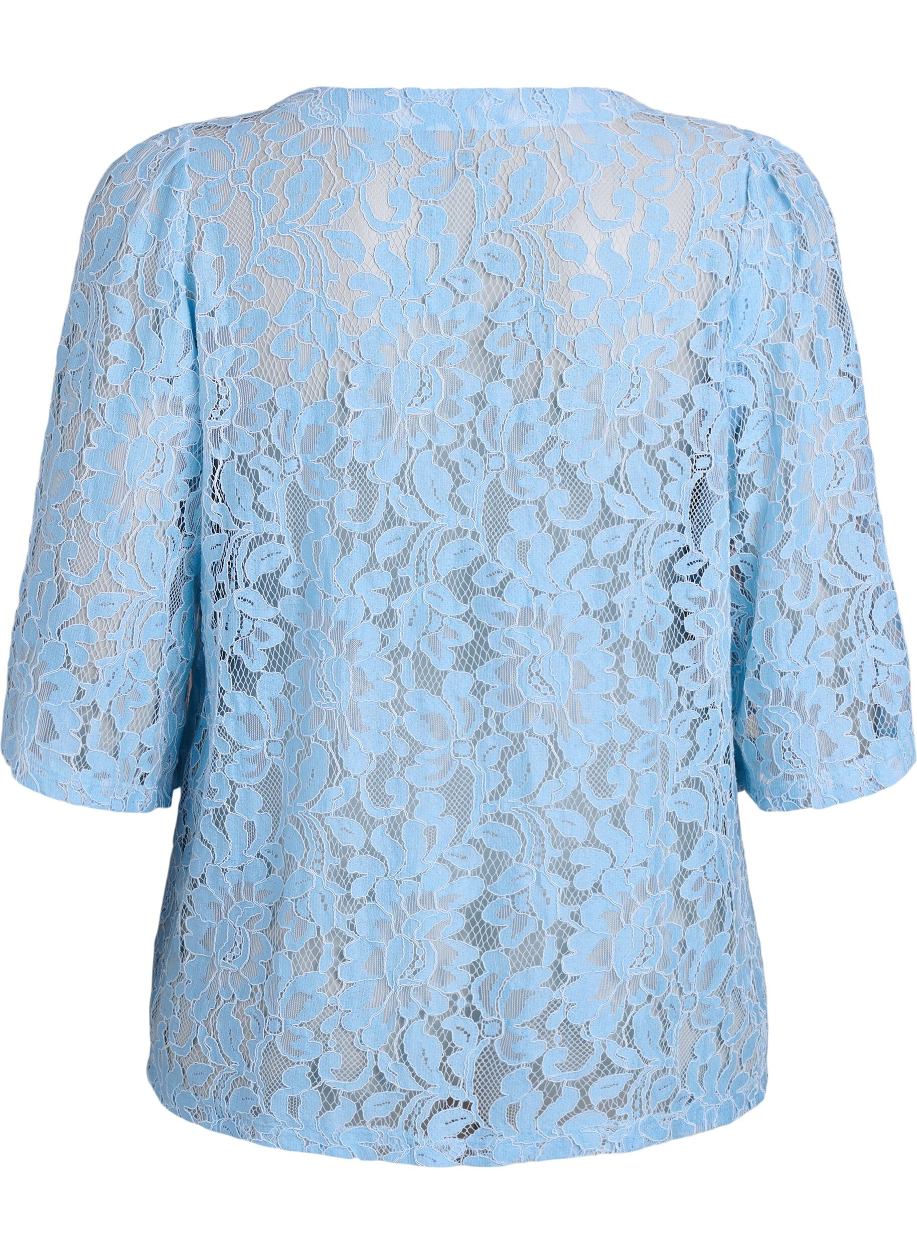 Zizzifashion Short-sleeved lace blouse with V-neck, Blue, Packshot image number 1