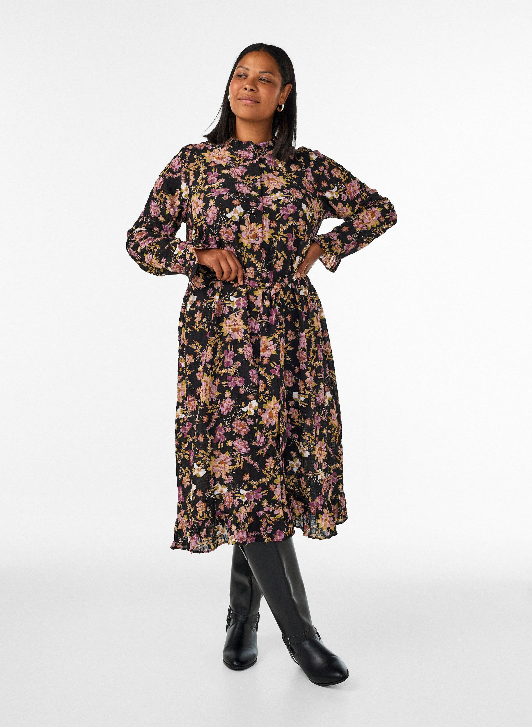 ZizzifashionMidi dress with floral print and detachable tie belt, Black, Model image number 1