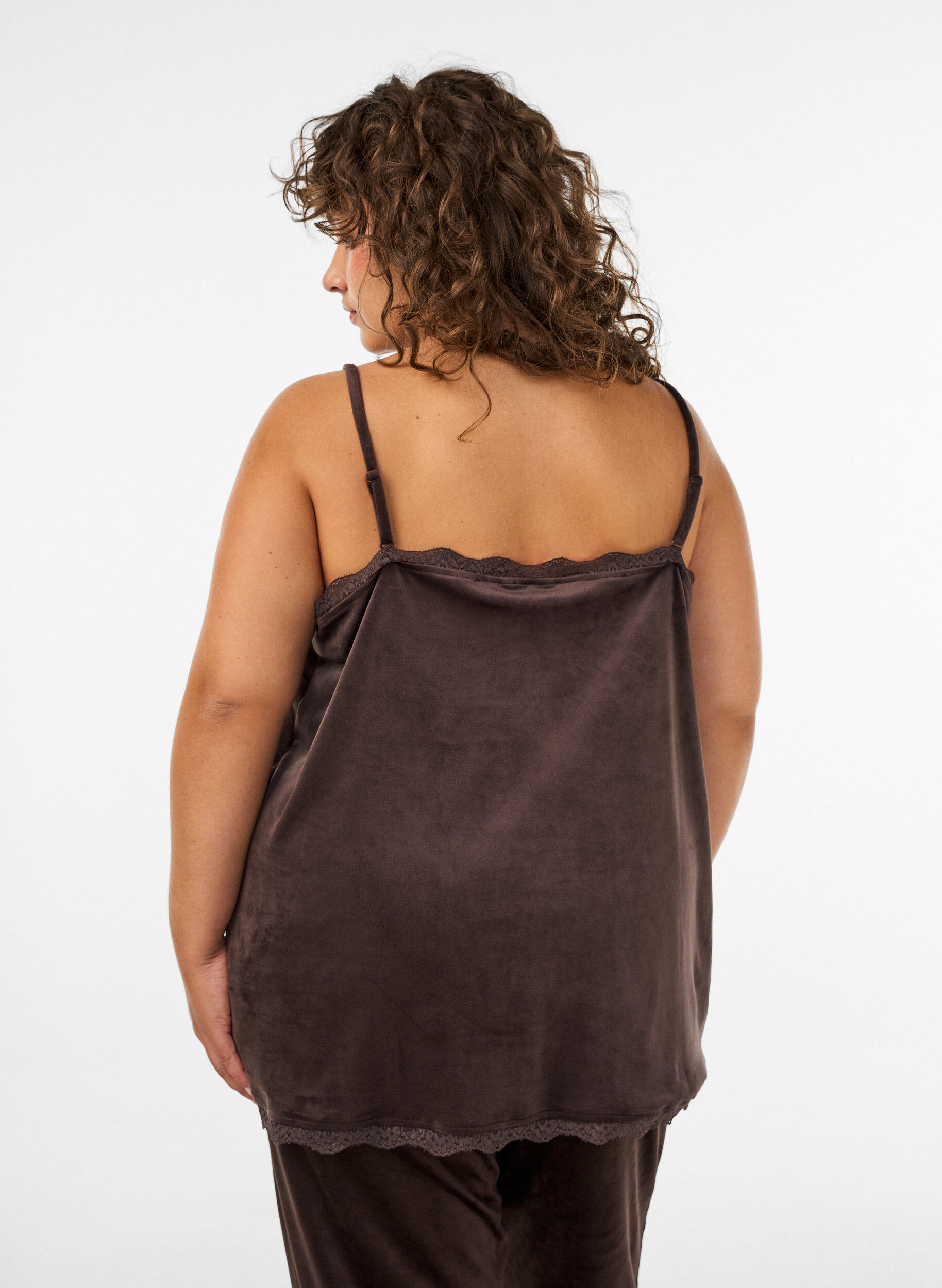 ZizzifashionVelour top with lace trim, Brown, Model image number 2