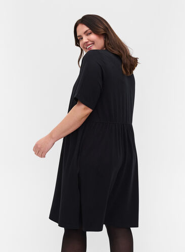 Short sleeve cotton dress with pleated skirt, Black, Model image number 1