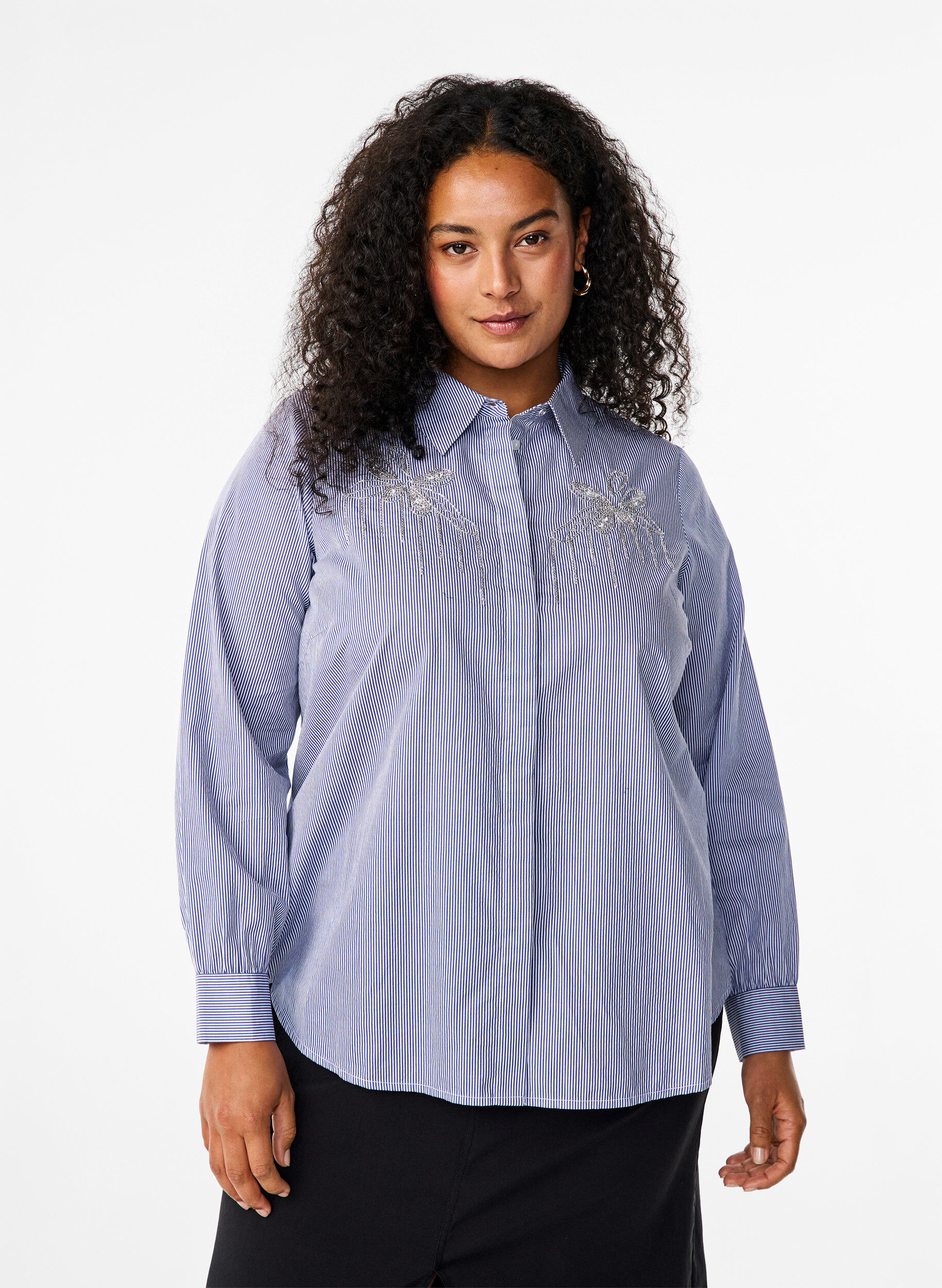 Zizzifashion Organic cotton shirt with bead embroidery, Blue, Model image number 0