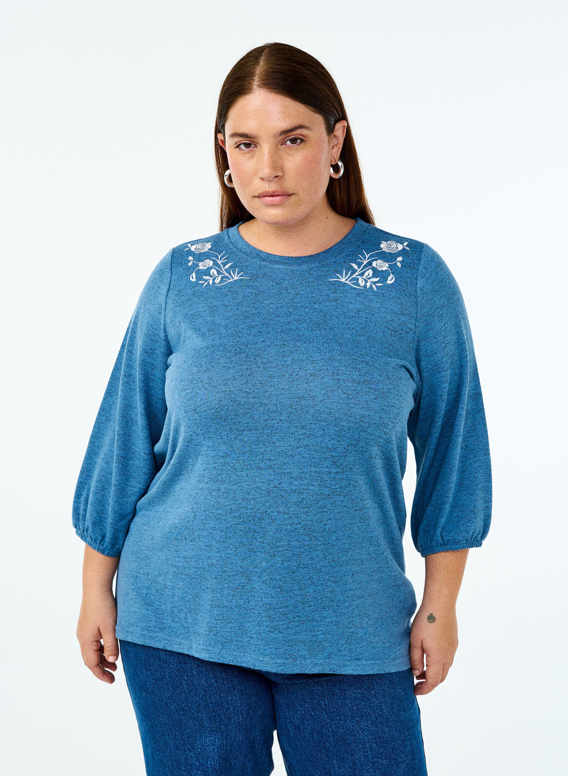 Zizzifashion Blouse with floral embroidery and 3/4 sleeves, Copen Blue Melange, Model image number 0