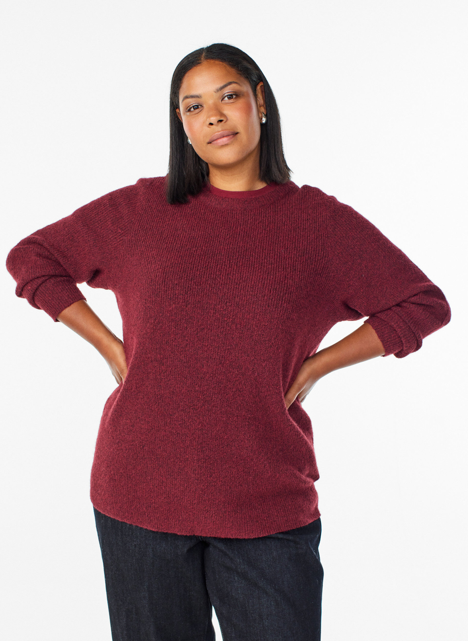 Melange knit blouse with round neck, Red, Model