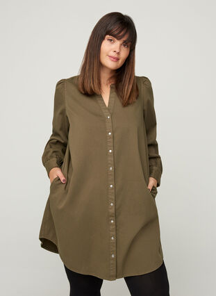 Long cotton shirt with puff sleeves, Ivy Green, Model image number 0