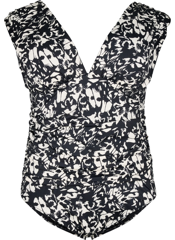 Patterned swimsuit with deep V-neck, Black, Packshot image number 0