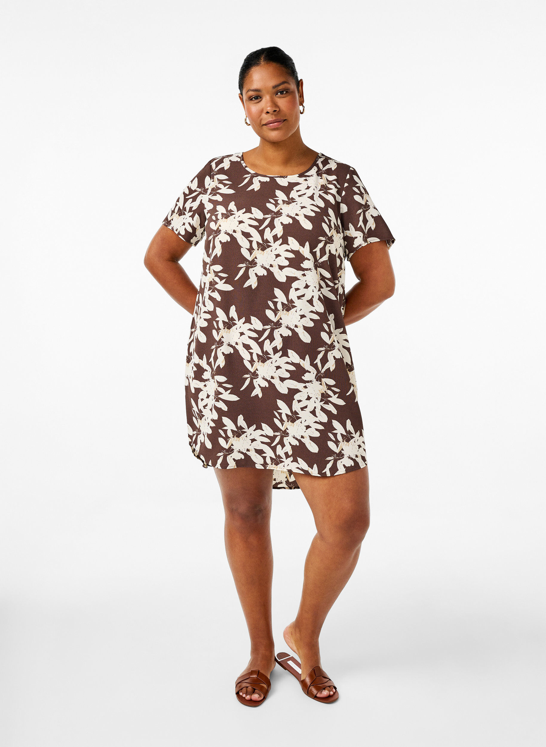 Zizzifashion Dress with print and short sleeves, Brown, Model image number 1