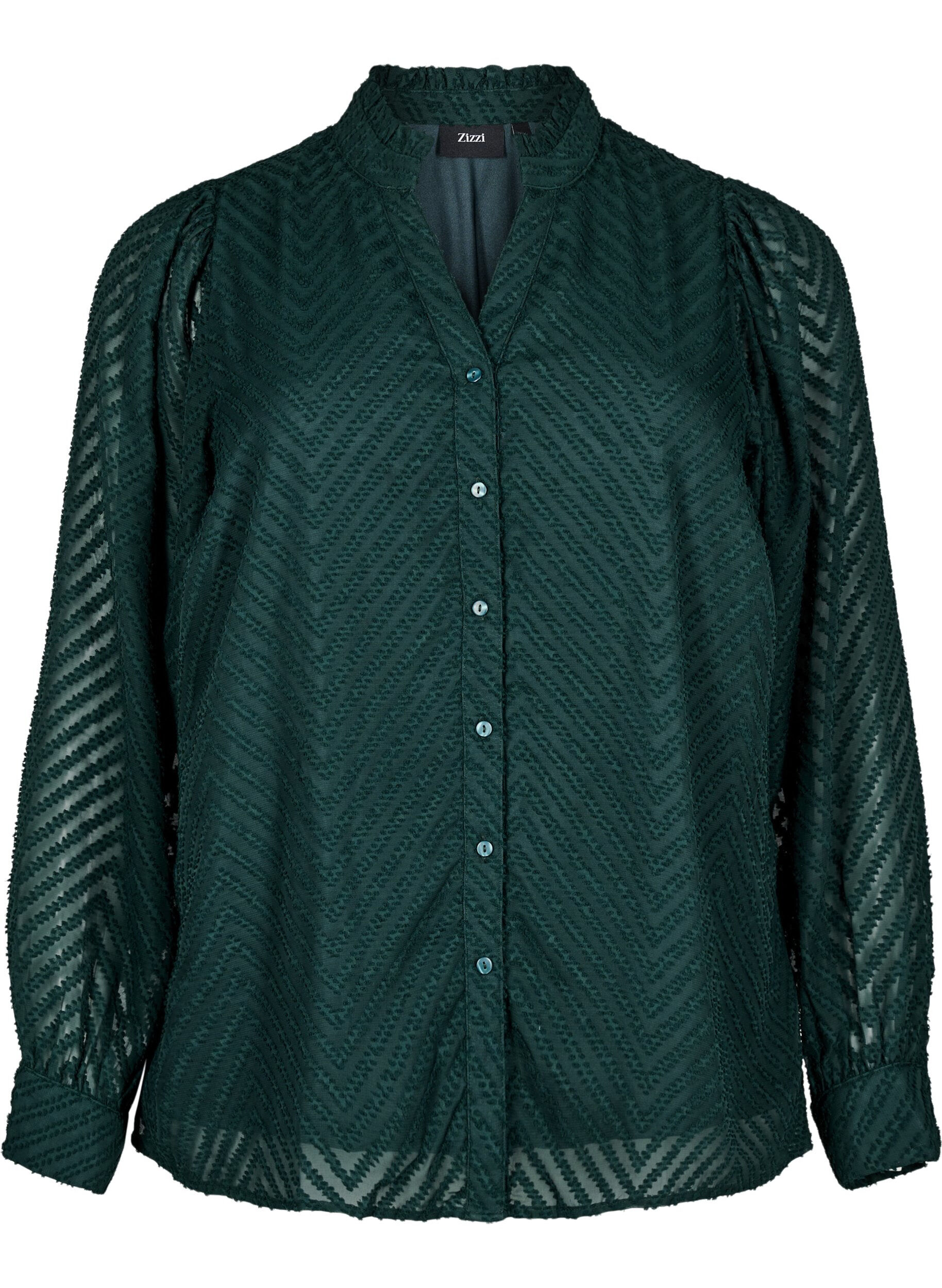 Zizzifashion Shirt with texture and a ruffled collar, Green, Packshot image number 0