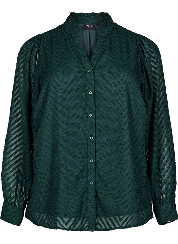 Shirt with texture and a ruffled collar, Green, Packshot image number 0