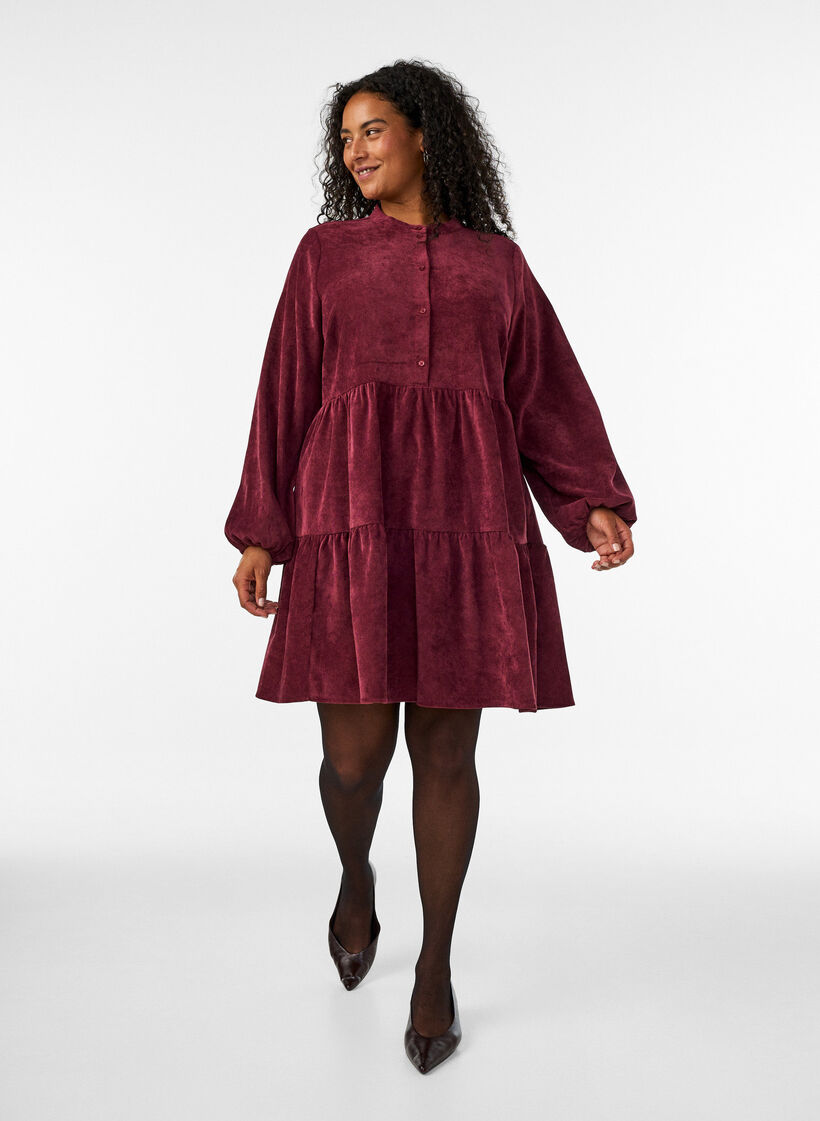 Corduroy dress with A-line shape and stand collar, Red, Model image number 1