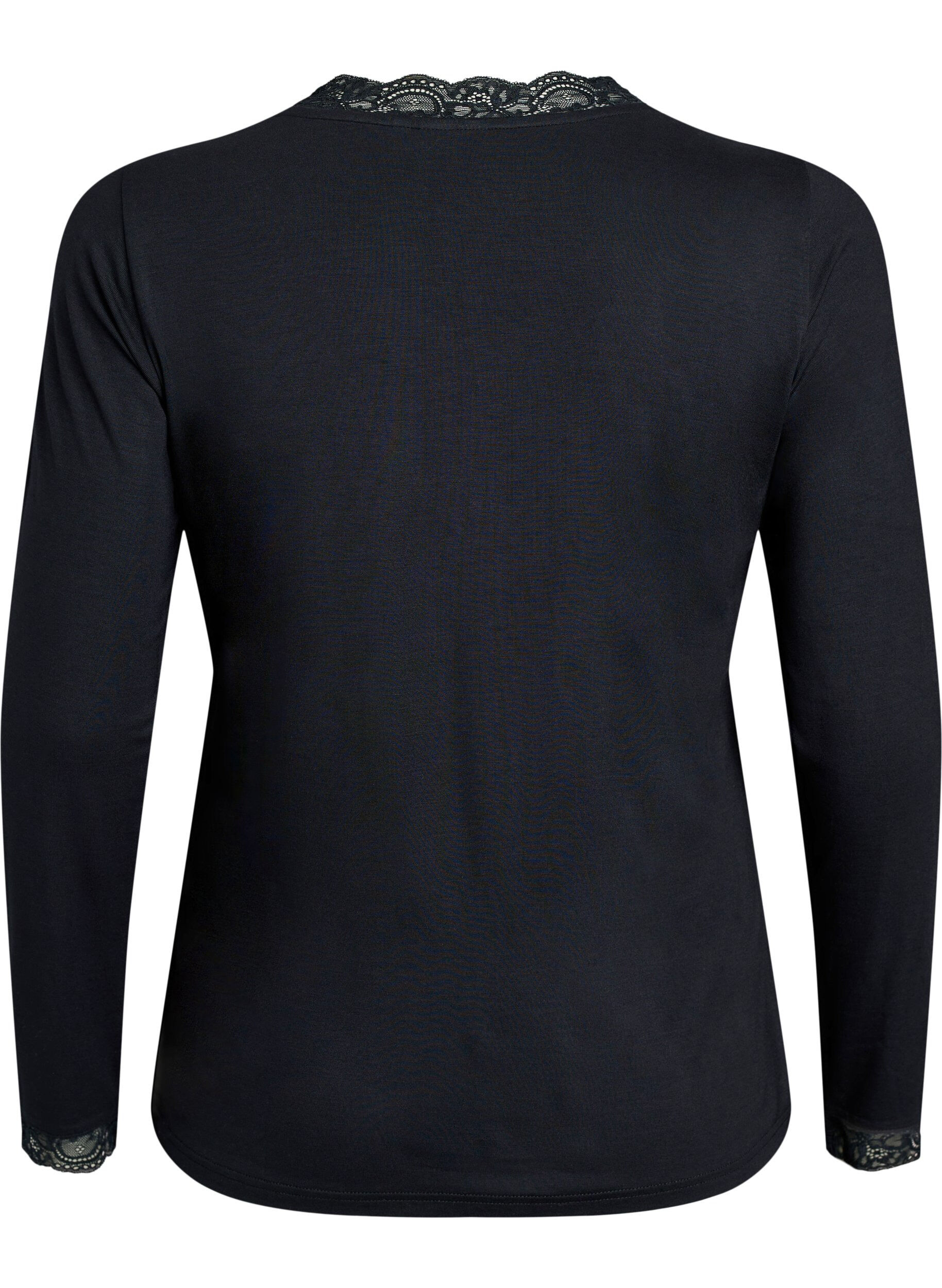 ZizzifashionViscose blouse with lace trim and V-neck, Black, Packshot image number 1