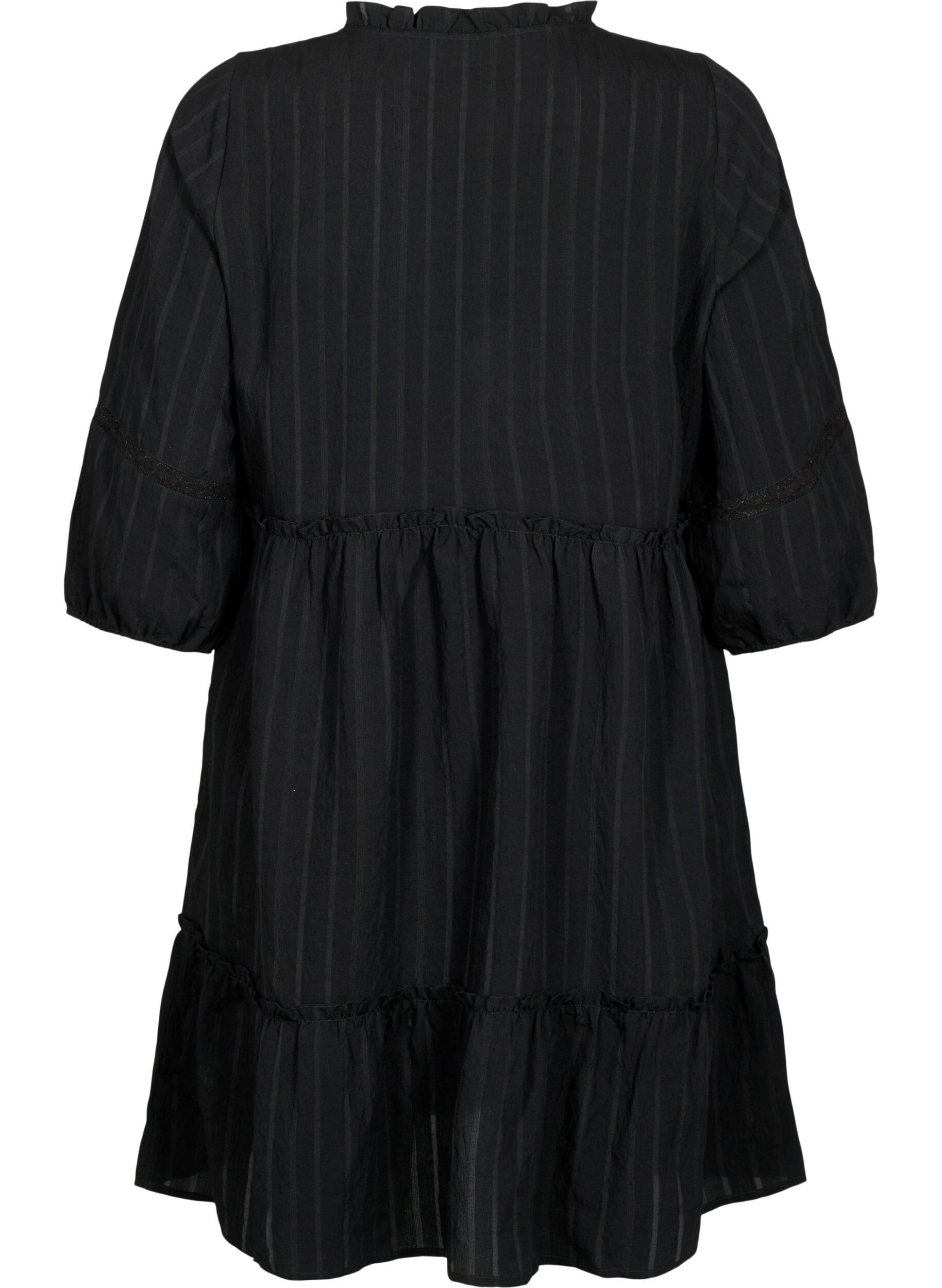 Zizzifashion Striped viscose dress with lace band and 3/4 sleeves, Black, Packshot image number 1