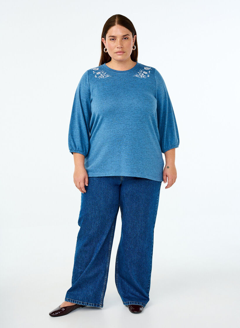 Blouse with floral embroidery and 3/4 sleeves, Copen Blue Melange, Model image number 2