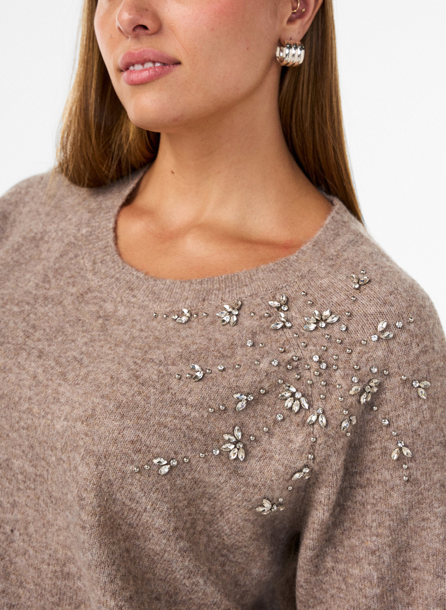ZizzifashionKnitted blouse with rhinestones and studs, Beige, Model image number 3
