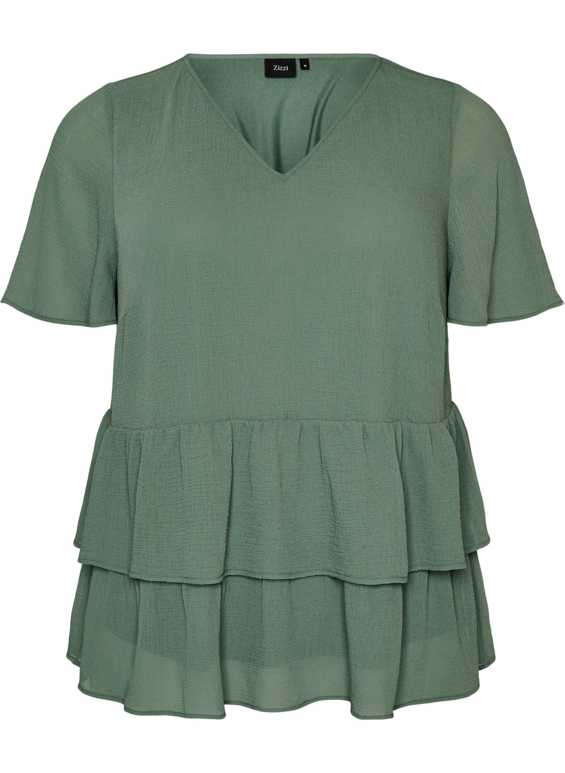 Zizzifashion Blouse with V-neck and ruffles, Green, Packshot image number 0