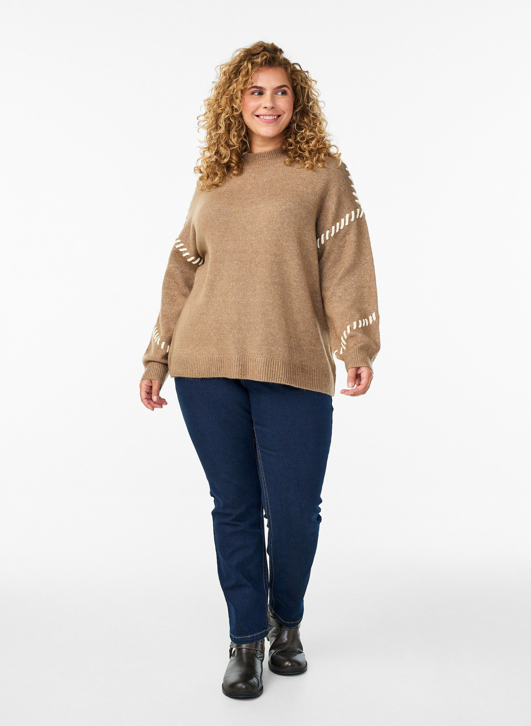 Zizzifashion Jumper with decorative stitching, Brown, Model image number 1