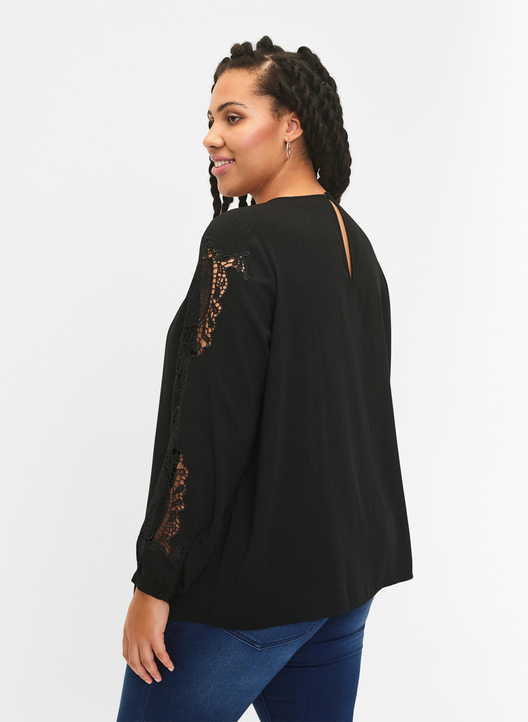 Zizzifashion Long sleeve blouse with crochet details, Black, Model image number 1
