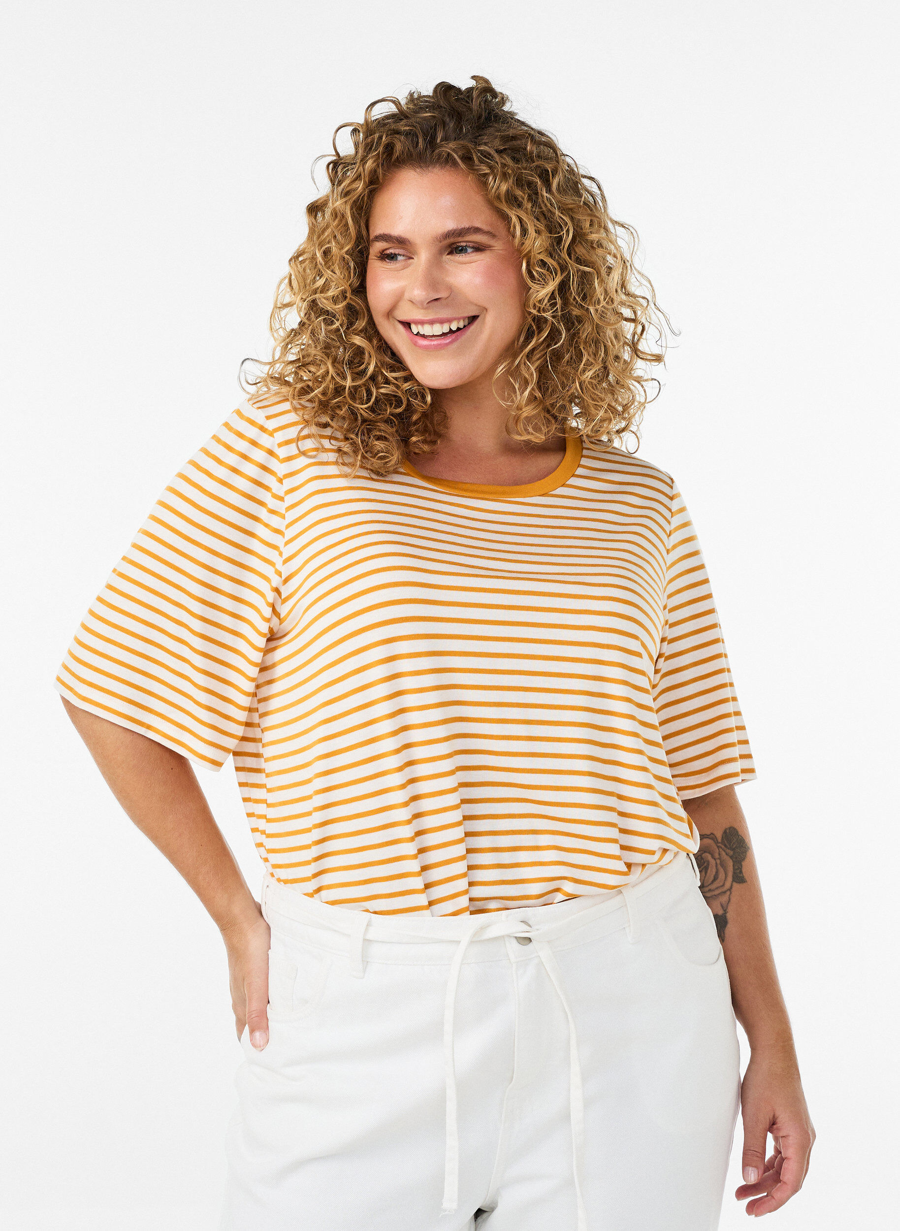 Zizzifashion T-shirt with TENCEL&trade; Lyocell and stripes, Yellow, Model image number 0