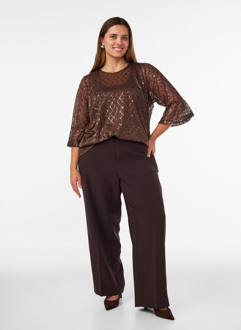 Sheer blouse with sequins and a diamond pattern, Brown, Model image number 1