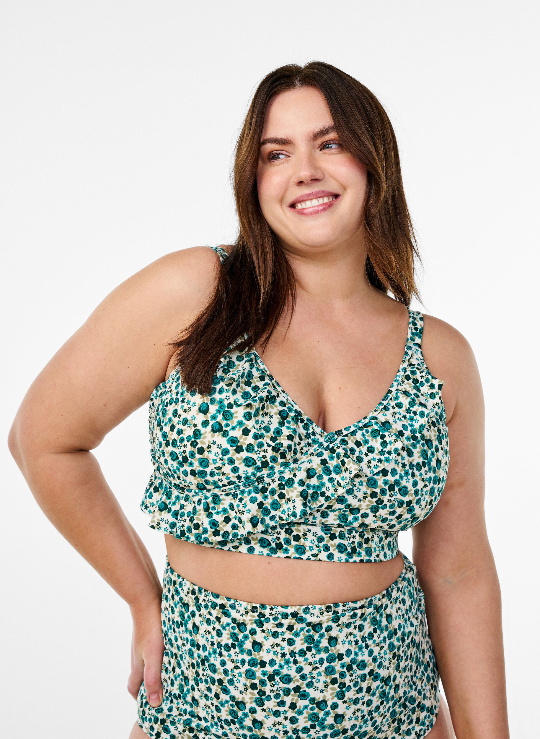 ZizzifashionFloral bikini top with ruffle details, Green, Model image number 0