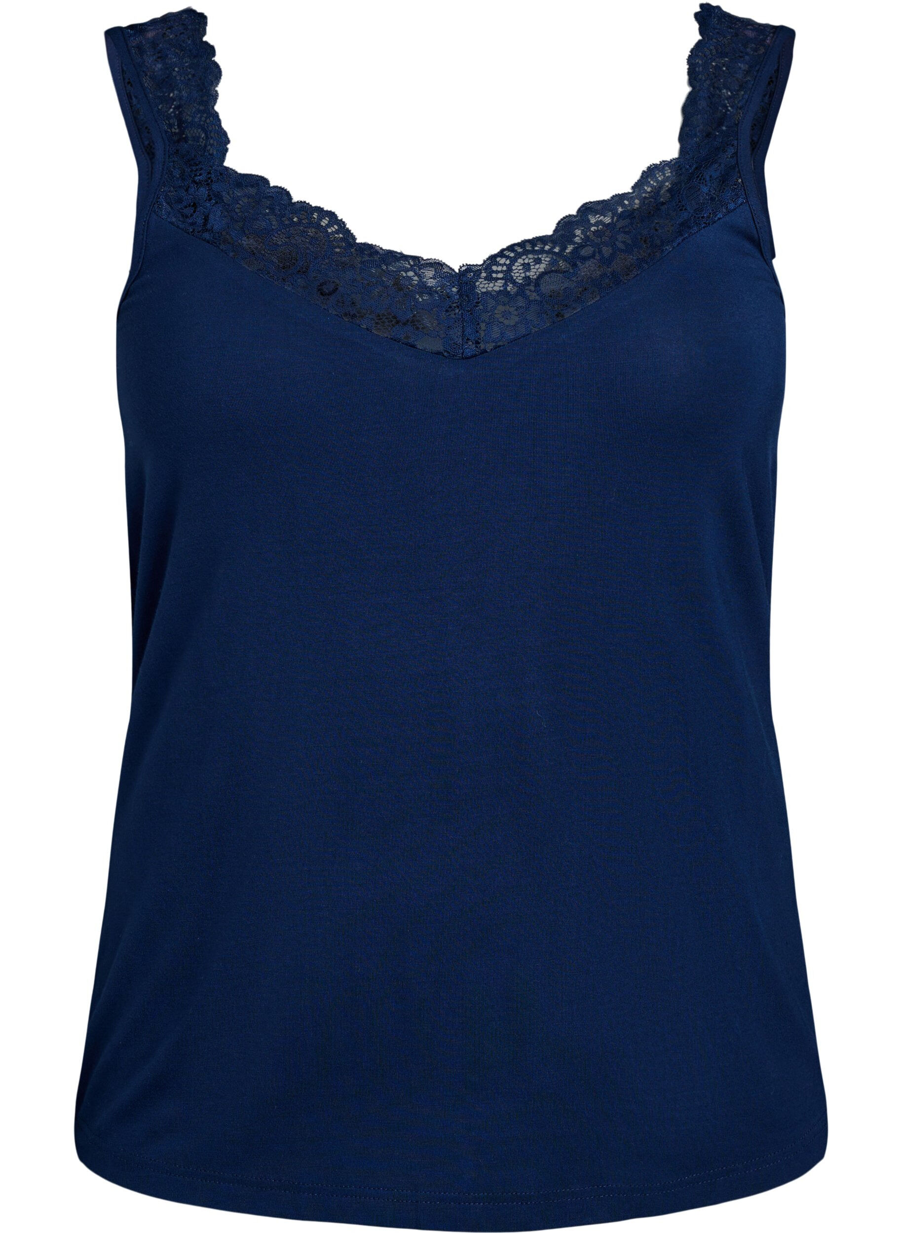 Zizzifashion Viscose top with lace trim, Blue, Packshot image number 0