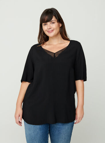 Viscose blouse with a V-neck and lace, Black, Model image number 0