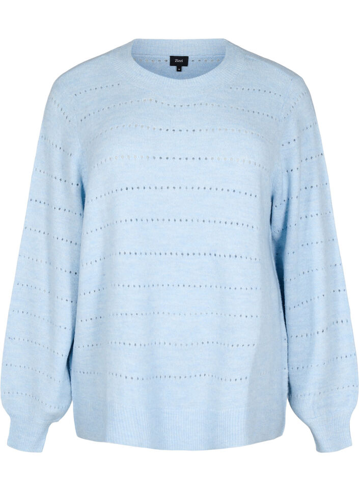 Knitted blouse with round neck and lace pattern, Cashmere Blue Mel., Packshot image number 0