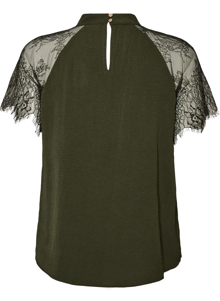 Blouse with short lace sleeves and high neck, Green, Packshot image number 1