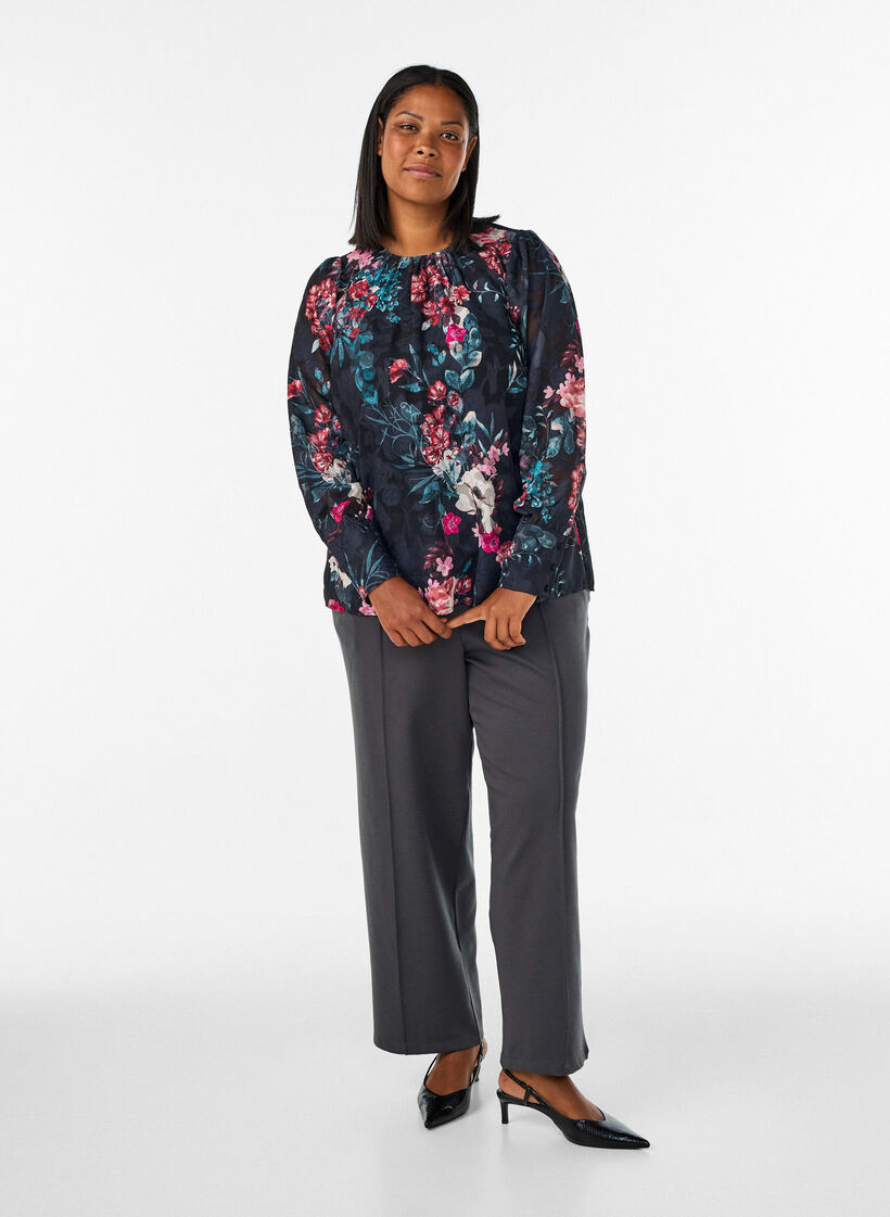 Floral blouse with woven texture, Black, Model image number 1