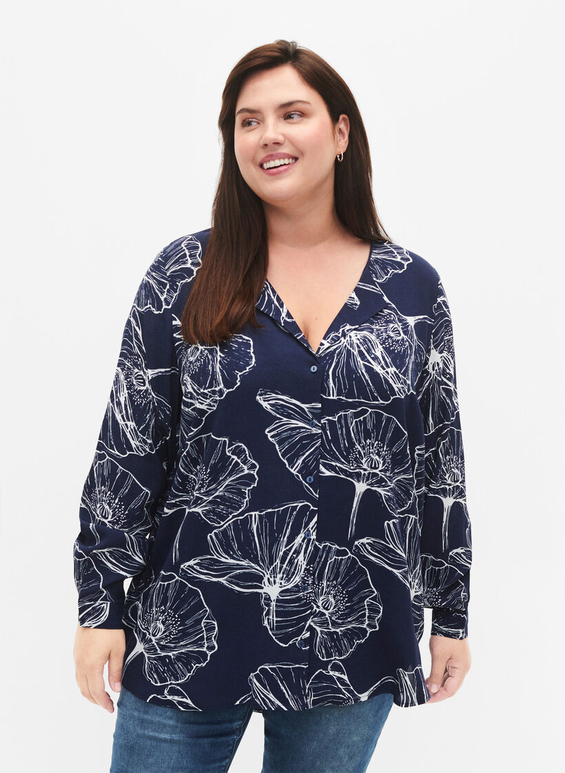 Floral print viscose shirt with long sleeves, Navy B./Big Fl.AOP, Model image number 0
