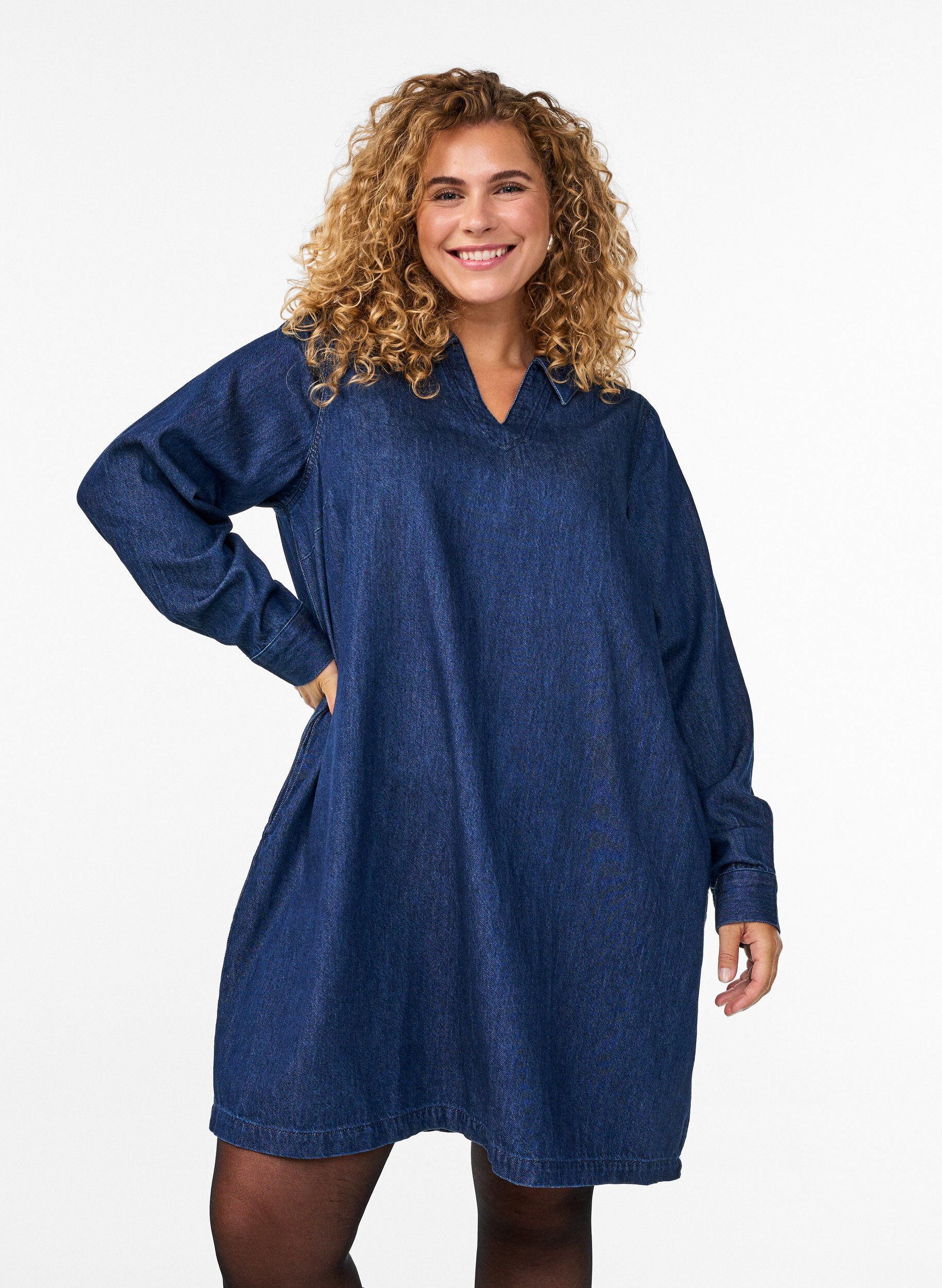ZizzifashionShort denim dress with a V-neck and collar, Blue, Model image number 0